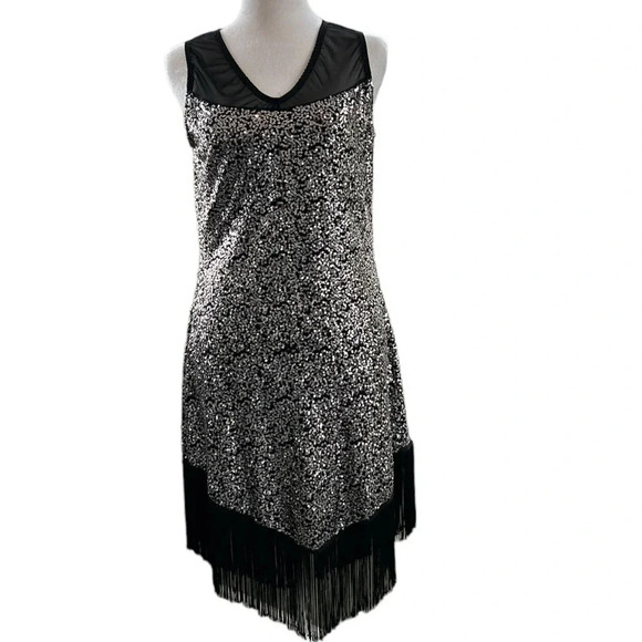 1920's Style Black  Sequin  Mini Dress  w/ Fringe by Fina LA - Picture 2 of 12